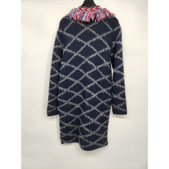 NWT Tory Burch Tweed Trim Long Cardigan Size S Navy Fringe Knit $898 #2K501 - Picture 6 of 13